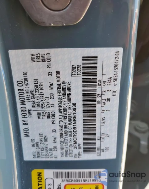 2022 Ford Bronco Sport Badlands из США, поврежденный, VIN 3FMCR9D91NRE10938